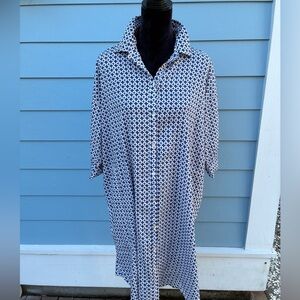 Dolma Blue White Geometric Button Front Shirt Dress Size One Size Cotton resort